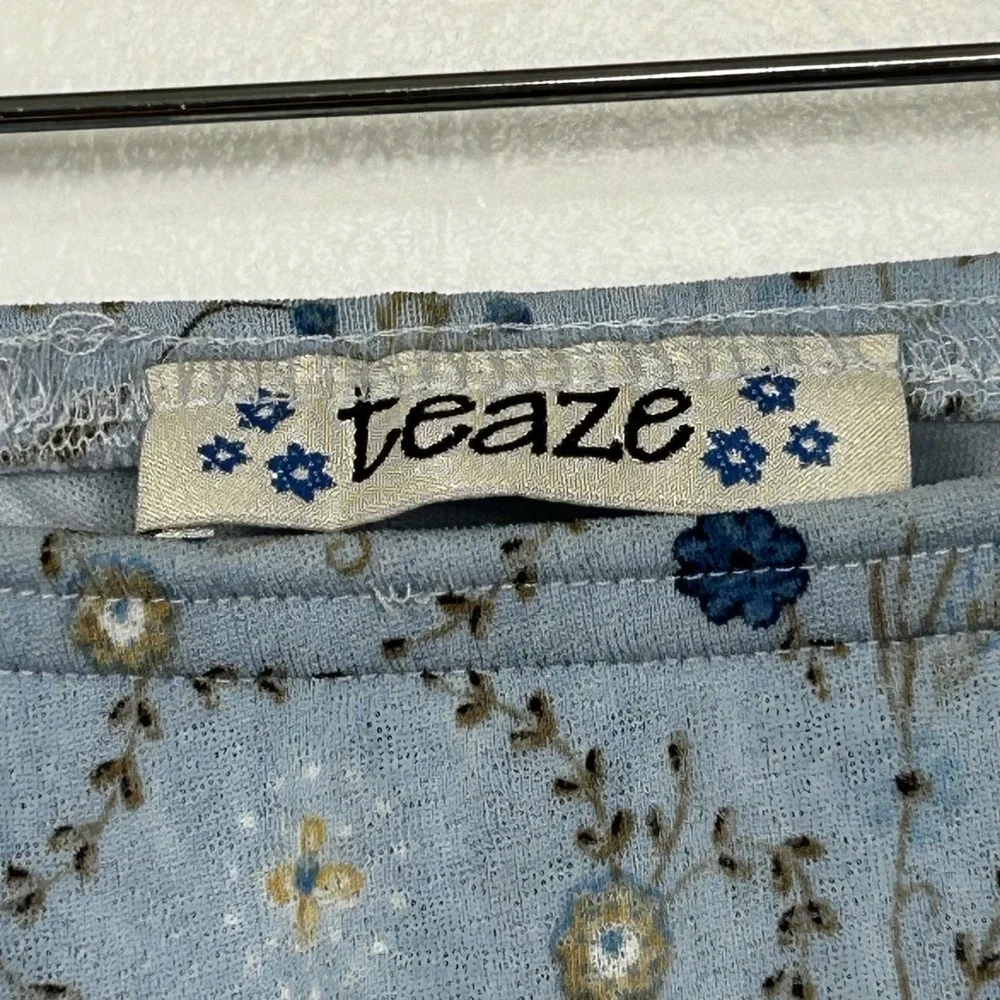 Teaze Floral Mini Skirt Womens Small Blue 90s Y2K Lettuce Edge Beaded Tie Boho